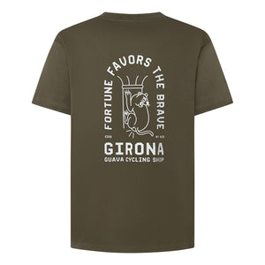 Green t-shirt with white text and design on a white background